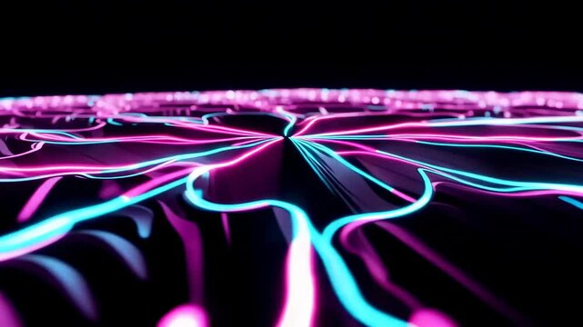 Colorful neon light patterns in a symmetrical design, showcasing vibrant pink and blue lines flowing across a dark surface in a mesmerizing visual display