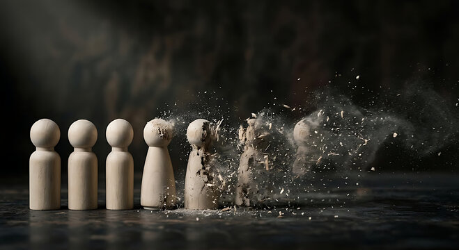 A sequence of small wooden human figures slowly falling apart moving from left to right illustrating change and feelings of vulnerability