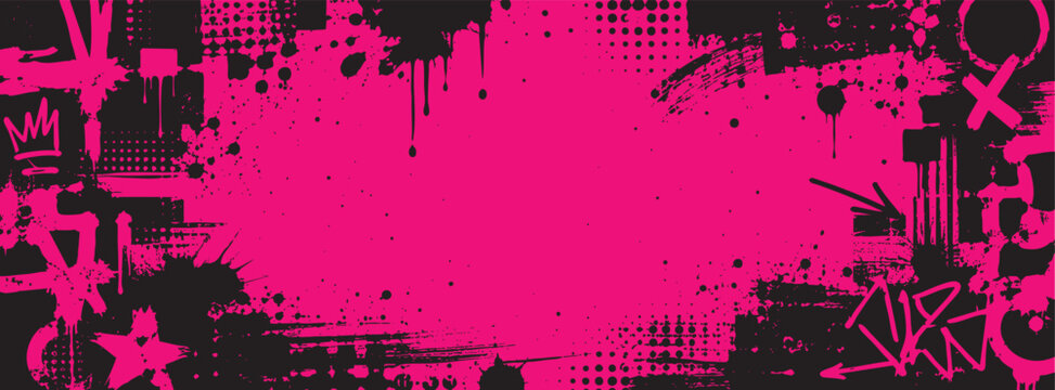 Pink and black graffiti background with grunge textures, paint splatters, halftone patterns, and urban street art elements