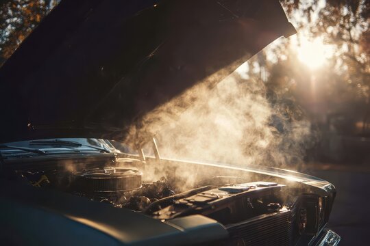 Overheating vintage automobile engine emitting steam as sunbeams illuminate the warm hazy atmosphere. Ideal for automotive repair or nostalgia themes.
