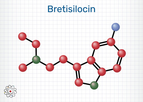 Bretisilocin molecule. Serotonergic psychedelic of the tryptamine family under development for major depressive disorder treatment. Sheet of paper in a cage. Molecular model
