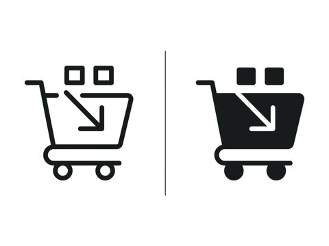 Shopping cart with download arrow outline and filled icon for ecommerce orders digital delivery online retail and product checkout