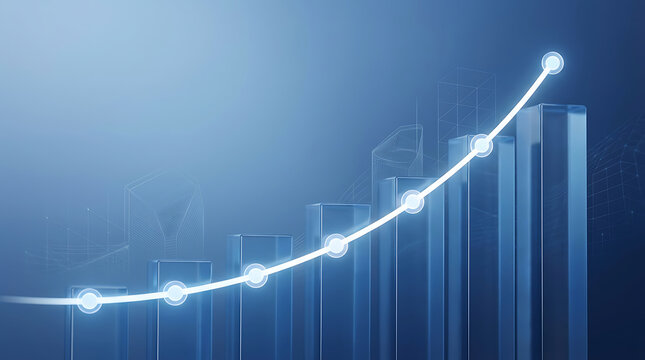 Futuristic financial growth chart with glowing bar graphs and ascending trend line on blue background bar graph economic analytics investment data