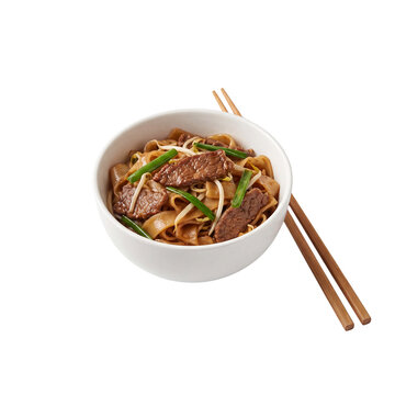 Beef chow fun with chopsticks transparent PNG cutout