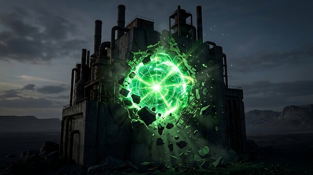 Glowing green energy portal tearing through wall of abandoned industrial factory building at night with debris falling and particles floating in dark post-apocalyptic atmosphere 3D render