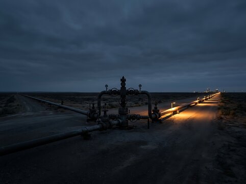 Long oil pipeline stretching across vast dark desert landscape at dusk with glowing lights and industrial valves under moody cloudy sky representing global energy logistics and supply