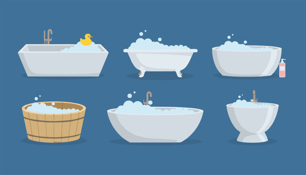 Elegant vector set of various white bathtubs filled with clean soapy foam bubbles isolated on a solid blue background.