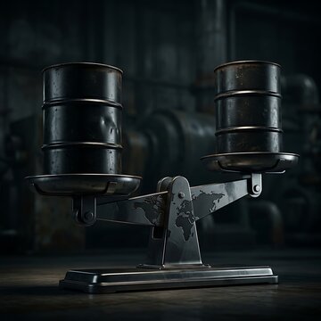 Old metal balance scale holding two black oil barrels on each side representing global market competition and environmental trade-off between energy production and ecological preservation