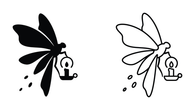 Fairy with Lantern: Two stylized illustrations, one black silhouette and one outline, depict a whimsical fairy with dragonfly-like wings holding a small candle lantern.