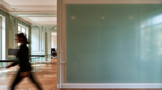 Modern Office Interior with Blurred Businesswoman and Copy Space