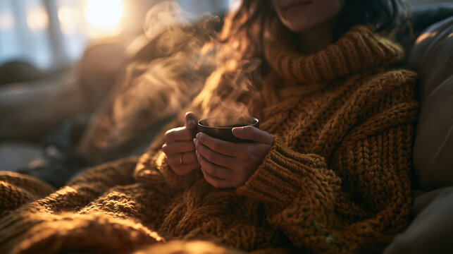Woman in Cozy Sweater Holding Steaming Hot Mug at Home