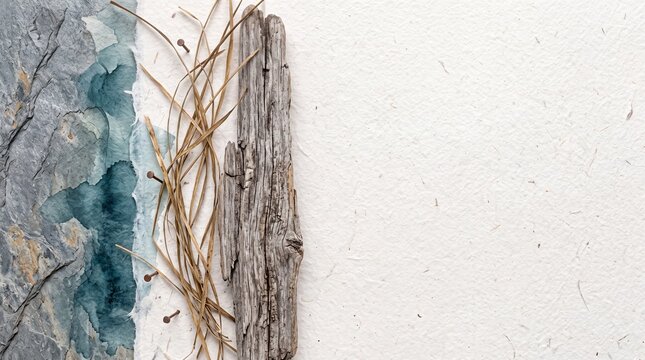 Artistic Natural Background with Driftwood Dried Grass and Copy Space