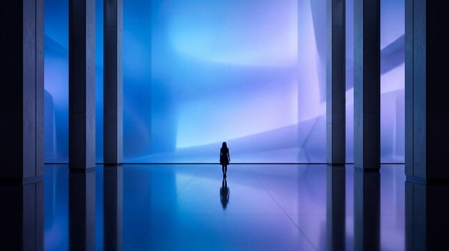 Silhouette of Person in Modern Futuristic Interior with Glowing Screen