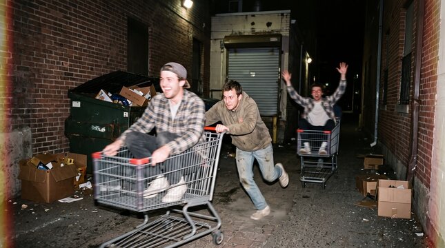 Excited Young Friends Racing Shopping Carts in Alley at Night