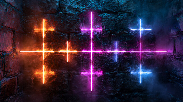Neon Equalizer Light Grid on Dark Brick Wall