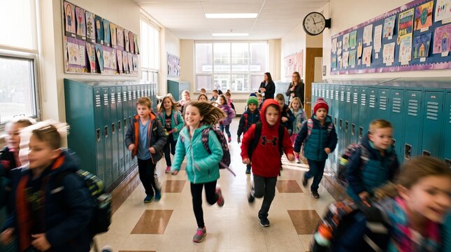 Excited Elementary Students Running Down School Hallway