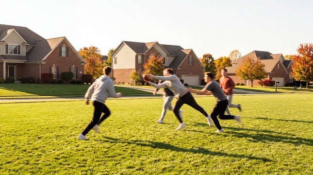 Young Men Playing American Football on Suburban Lawn