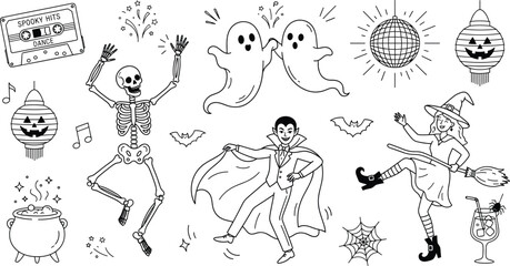 Fototapeta premium Halloween Dance Party Vector Icon Set Featuring Skeleton Vampire Witch Ghosts And Discoball