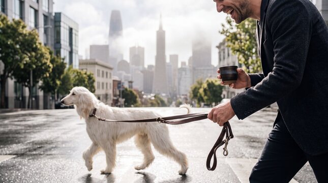 Smiling Man Walking Afghan Hound on City Street