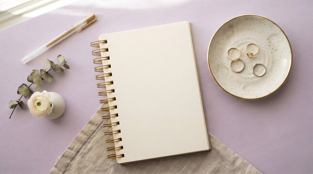 Aesthetic fashion layout of an open blank vertical notebook with gold wire coils and a gold rings jewelry dish on lavender