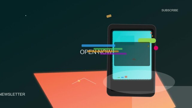 Modern tablet displaying game with vibrant interface on stylized geometric background