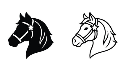 Fototapeta premium Horse Head Icon: A striking silhouette and outline illustration of a horse's head, adorned with a star and bridle, representing equestrian elegance and spirit.