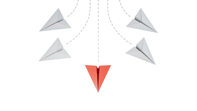 Creative concept with paper airplanes, symbolizing individuality, diversity, and innovative thinking. 3D illustration of planes flying in different directions