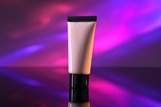 Cosmetic cream tube with black cap on reflective surface during colorful abstract lighting