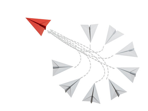 Group of paper planes on a brown background.Concept of a strong leader in a team, manipulation of the masses, following new perspectives, collaboration and unification.Supports PNG files