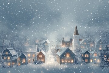 Fototapeta premium Cozy village with warm lights under heavy snowfall during twilight winter evening atmosphere