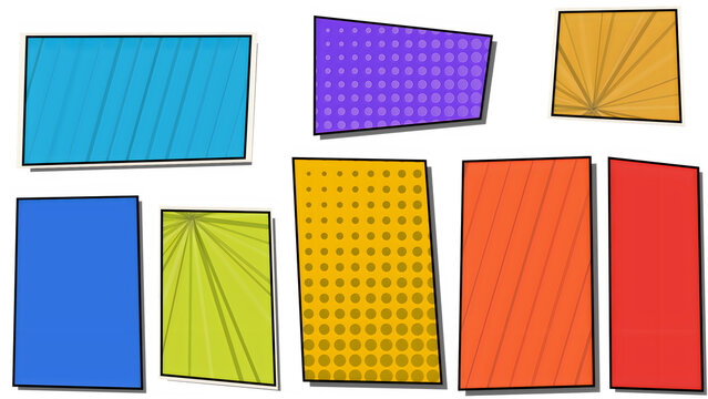 Set of vibrant comic book panels including various patterns for dynamic creative storytelling layouts.