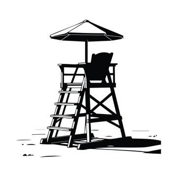 Lifeguard tower on beach with umbrella black silhouette vector design.