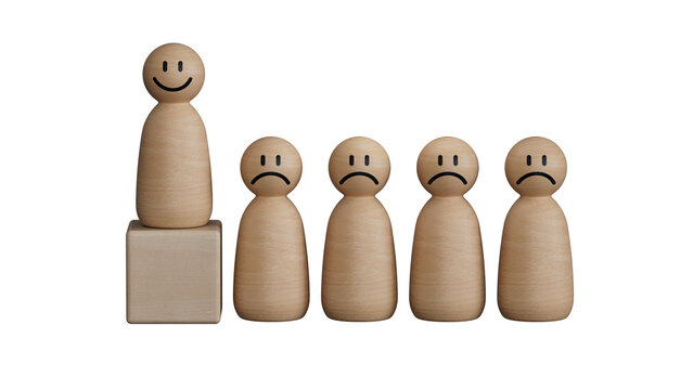 Happy wood person model a smiley among people on pastel pink background, Leadership and 5 star satisfaction concept.Supports PNG files with transparent backgrounds.
