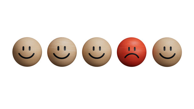 One unhappy face emoticon among happy face emojis in a row. Customer dissatisfaction or unhappy client concept.Supports PNG files with transparent backgrounds.