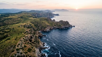 Fototapeta premium Mediterranean Cliff Meadow Coast Landscape with Pale Dawn