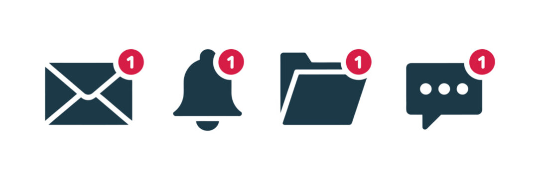 Notification icon set, new email, message, file, social media and communication symbols for alerts, reminders, mobile applications and user interfaces.