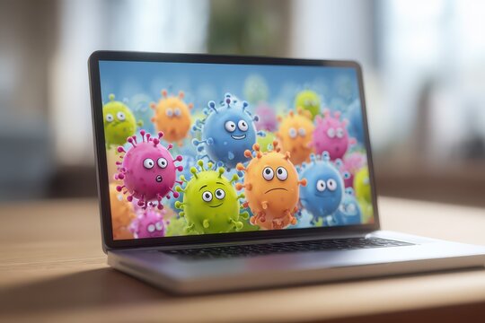 Colorful cartoon viruses displayed on a laptop screen with a blurred background