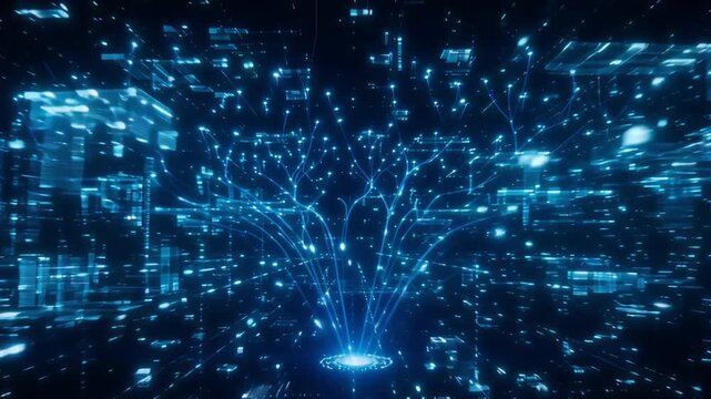 Glowing digital tree structure expanding through blue data network particles in this dynamic abstract motion animation video visual effect background