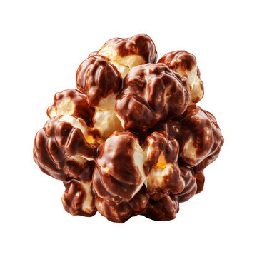 Chocolate coated popcorn kernel closeup isolated on white background, concept of cinema snack indulgence