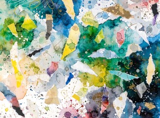 Naklejka premium vibrant blue and green abstract watercolor texture background with torn paper collage elements and ink splatters