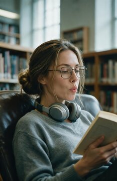 Generative AI, Woman reading a book with headphones around her neck in a library