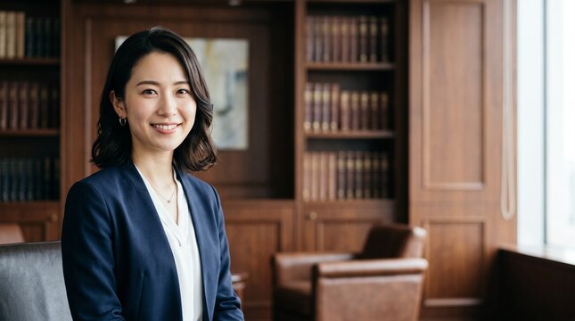 プロフィール写真をイメージした、重厚な社長室を背景に穏やかな笑顔をカメラに向けている知的な印象の20代日本人女性社員のバストアップポートレート