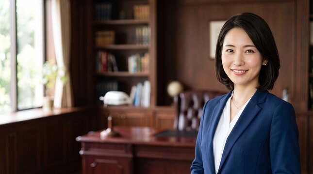 プロフィール写真をイメージした、重厚な社長室を背景に穏やかな笑顔をカメラに向けている知的な印象の20代日本人女性社員のバストアップポートレート