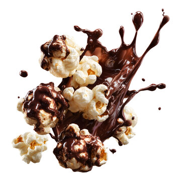 Popcorn kernel pieces with splashing chocolate isolated on white background, conveying sweet cinema snack concept