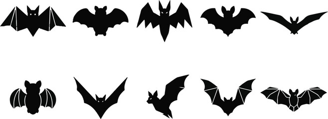Fototapeta premium Halloween Bat Silhouette Set, Flying Black Bats in Different Shapes and Poses