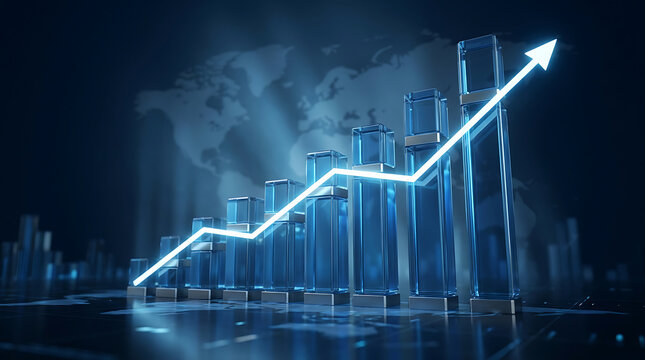 Glowing financial chart with rising growth arrow and glass pillars representing market success business growth stock market economic trend