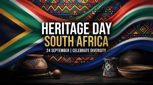 Heritage day celebration banner with south african flag colors and cultural symbols