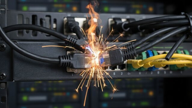 A damaged ethernet cable sparks in a server rack. This illustrates a severe network infrastructure failure or a critical cybersecurity threat.