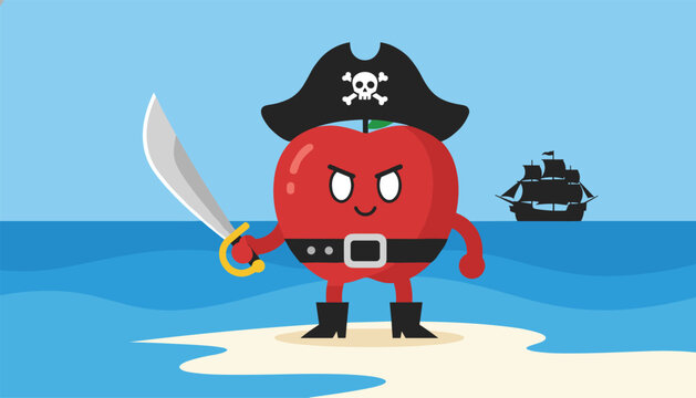 Determined red apple pirate character wearing a skull hat stands on a sandy beach holding a sword with a pirate ship behind him.