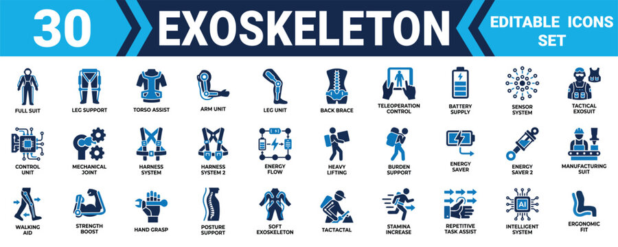Set of 30 editable vector icons illustrating exoskeleton technology for medical and industrial applications Minimal solid fill icon set bundle collection. Editable Vector Illustration Mega pack